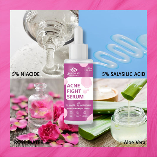 Jaabaali Natural Care Acne Fight Serum with 5% Niacide acid and 5% Salysilic acid for remove pimples and dark spot. Suitable for all type of skin. 60ml (Pack Of 02)
